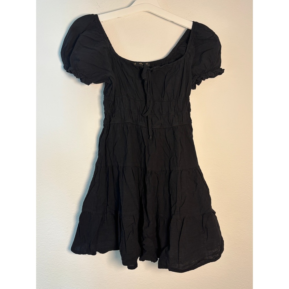 Hesperus Black Puff Sleeve Mini Dress Smocked Waist Cottagecore Tiered Size‎ M